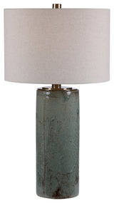 Rustic Elegant Turquoise Aqua Ceramic Table Lamp Crackled Bronze Beige Cylinder