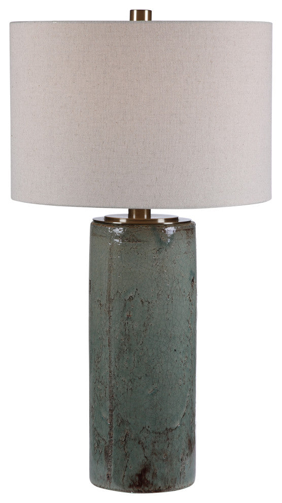 Rustic Elegant Turquoise Aqua Ceramic Table Lamp Crackled Bronze Beige Cylinder