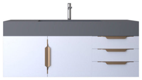 CastelloUSA Amazon 48" Wall Mounted Vanity Set, White, Gray Top, Gold Handles