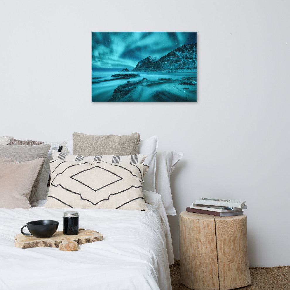 Blue Northern Lights and Mountain Coast Landscape Photo Canvas Wall Art Prints, 24" X 36"