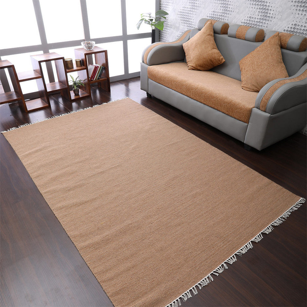 HAND WOVEN FLAT WEAVE KILIM WOOL ECO-FRIENDLY AREA RUGS-Solid,Light Brown