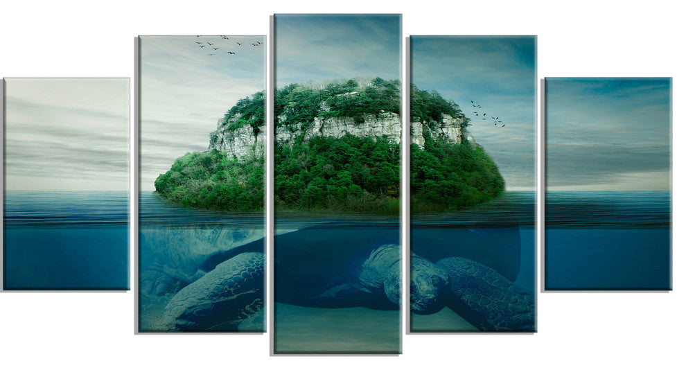 Giant Turtle Carrying Island, Oversized Abstract Canvas Art, 60"x32", 5 Panels