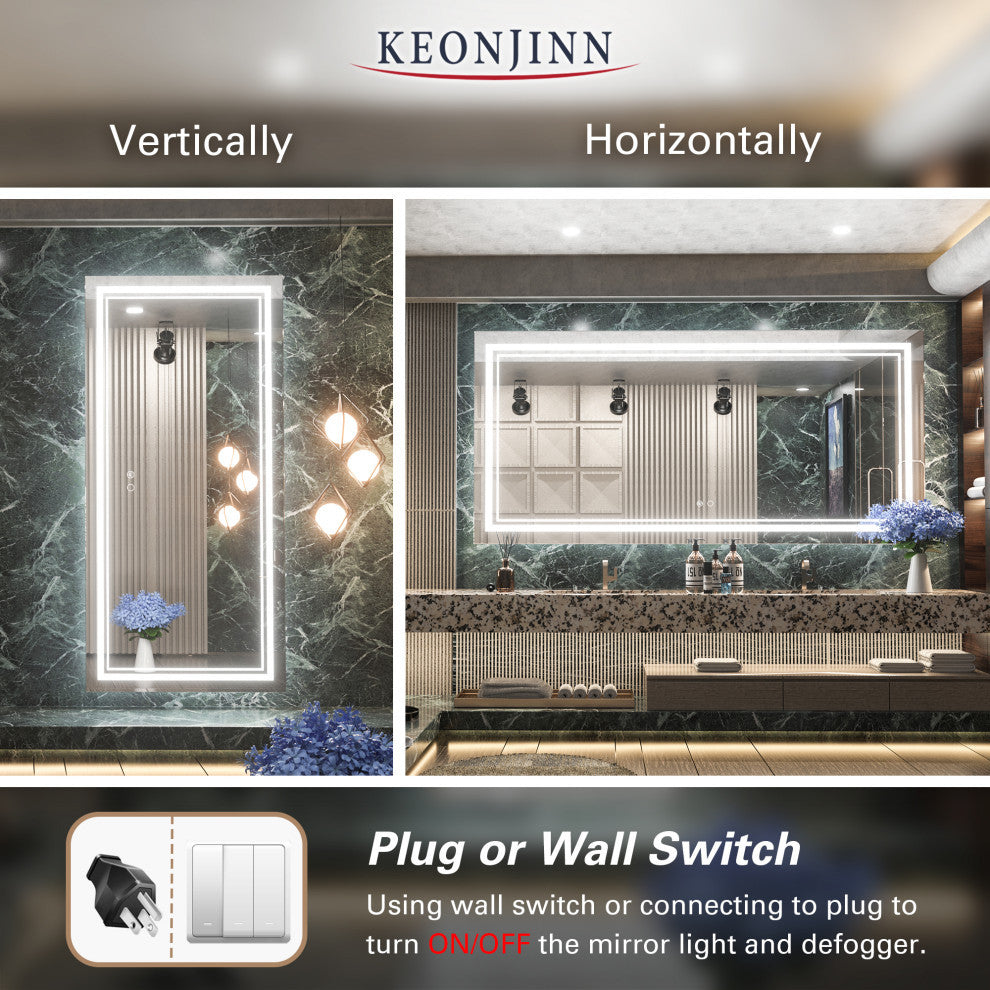 LED Bathroom Mirror, Anti-Fog Memory Dimmable IP54 Waterproof, 60"x28"