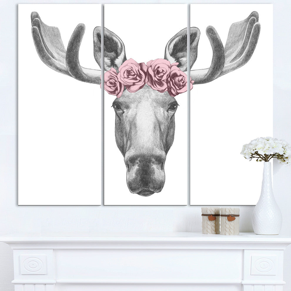 "Designart-Moose With Floral Head Wreath" Metal Wall Art, 3 Panels, 36"x28"