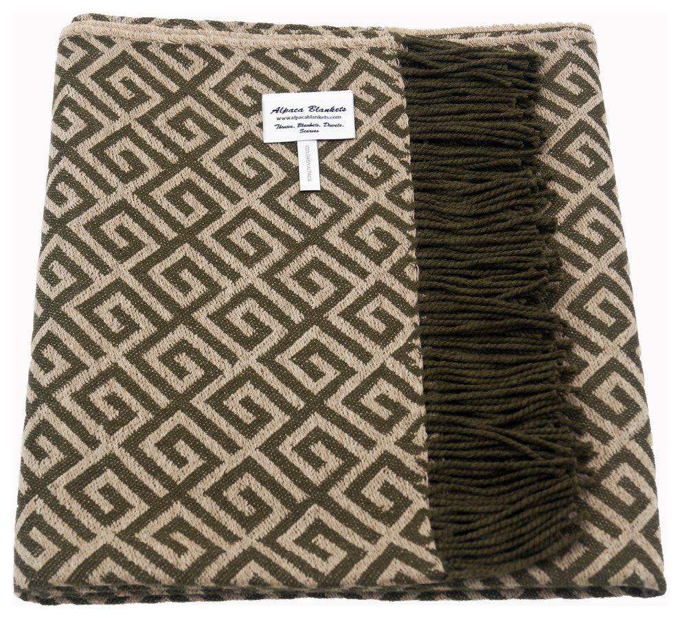 100% Baby Alpaca Geometric Maze Throw Blanket, Green