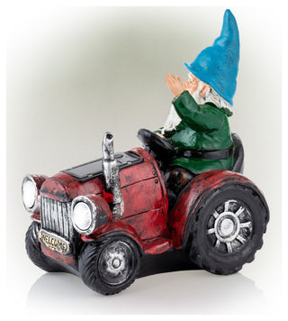 Solar Red Tractor Riding Gnome with Cool White LED Lights