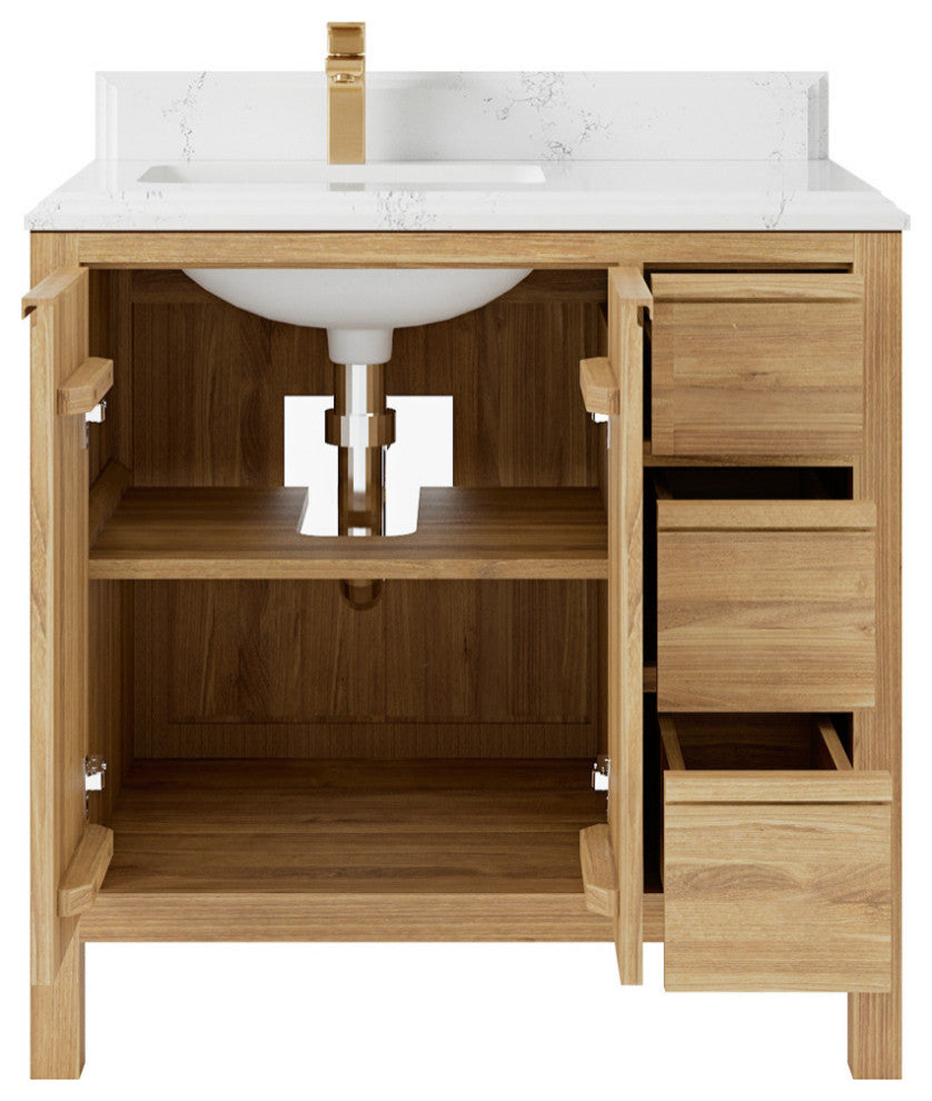 Elizabeth 36 Left Offset Bath Vanity in Light Natural Teak 1.5" Empira Quartz