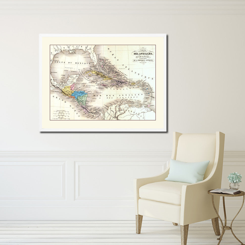 West Indies Caribbean Old Map Print On Canvas With Picture Frame 28" X 37"