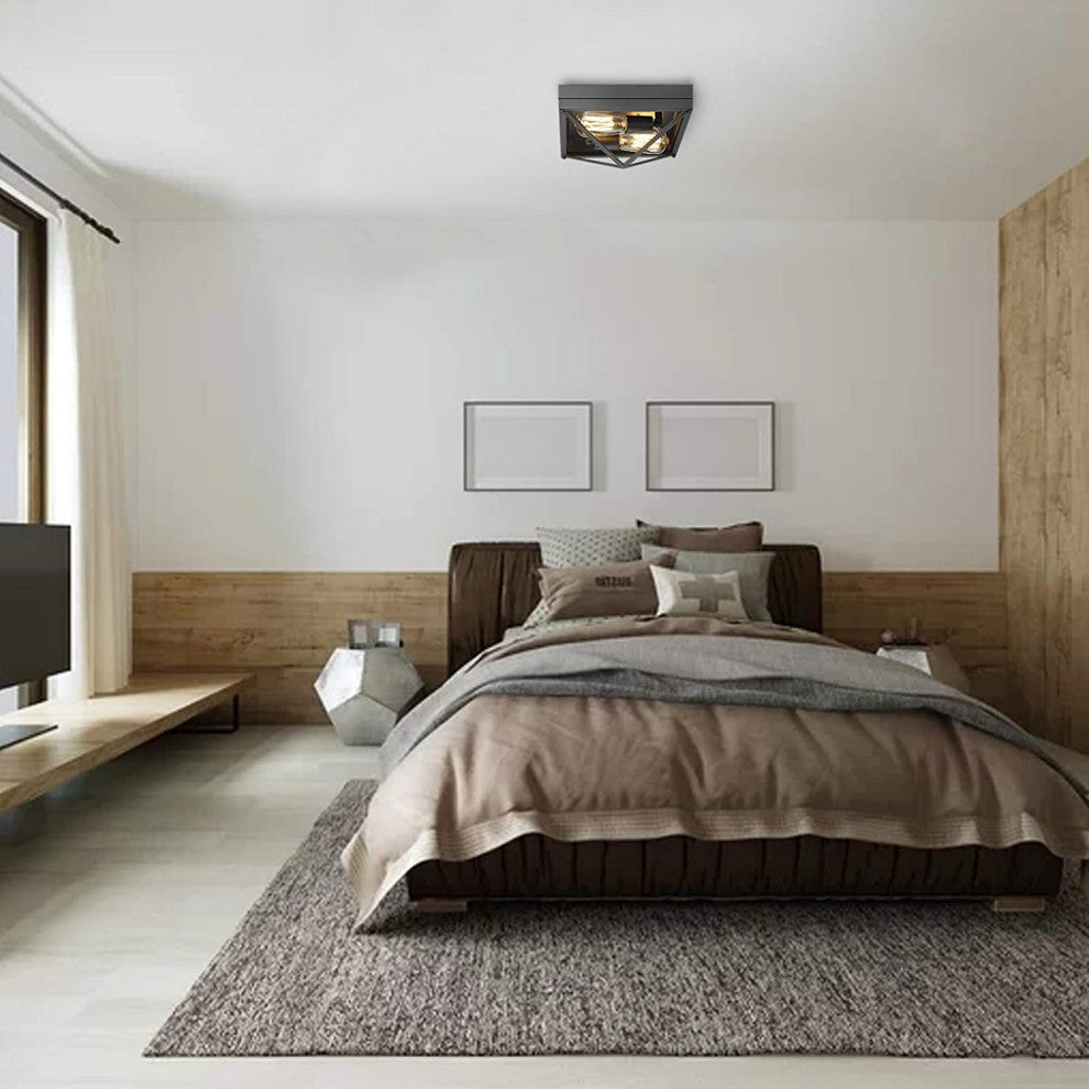 2 Light Close To Ceiling Light Fixture, Farmhouse, Black Flush Mount