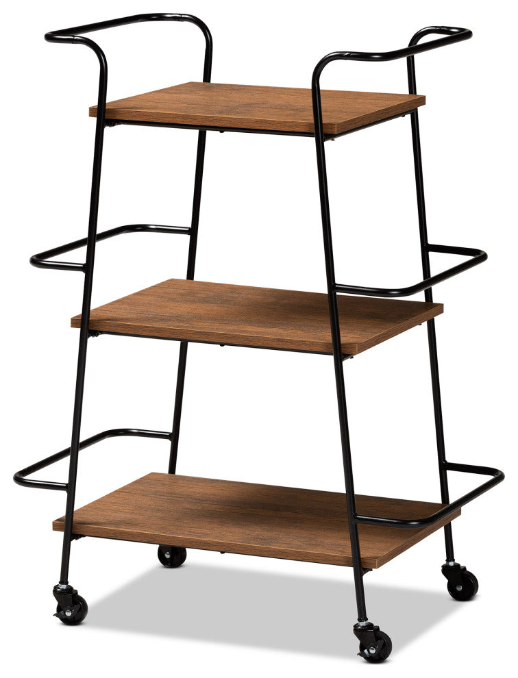 Endika Industrial Black and Walnut 3-Tier Small Mobile Wine Bar Cart