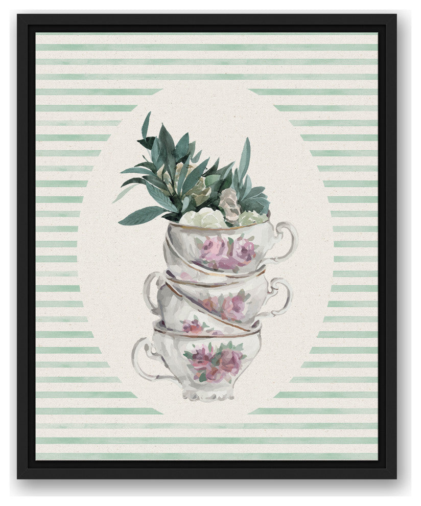 Stack Of Tea Cups Floral Stripes 5 16x20 Black Floating Framed Canvas