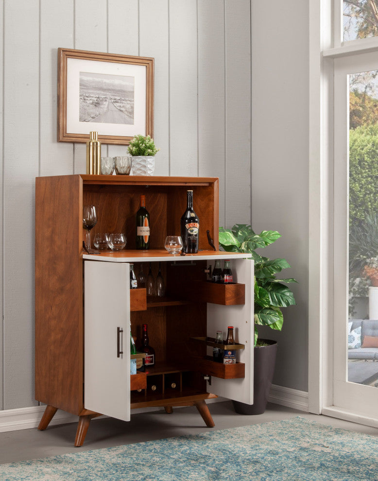 Flynn Large Bar Cabinet With Drop Down Tray, Acorn/White