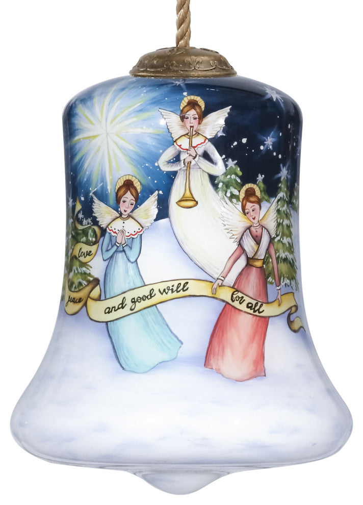 Love Peace and Goodwill for All Angels Hand Painted Mouth Blown Glass Ornament