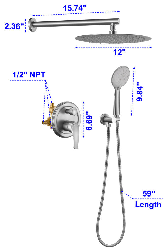 Wellfor Shower Faucet Set, 12" Rain Shower Head With Handheld Combo Set, Brushed Nickel