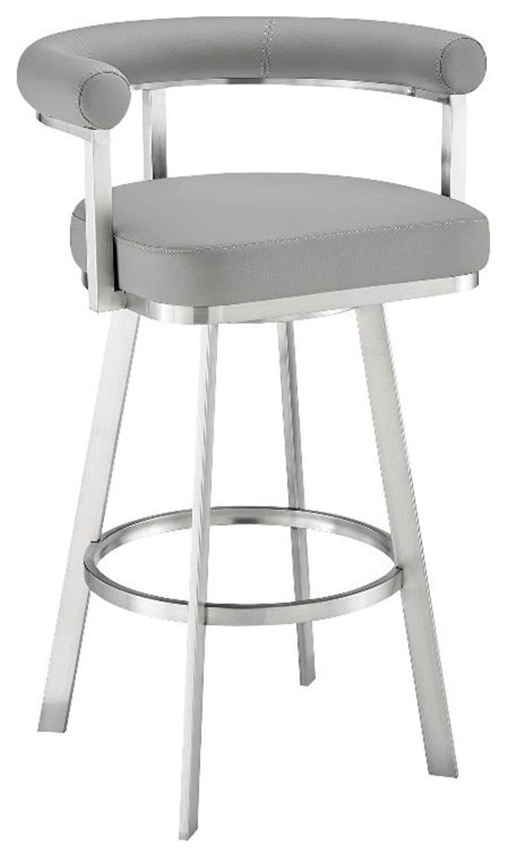 Armen Living Nolagam 30" Metal/Faux Leather Swivel Bar Stool in Gray/Chrome