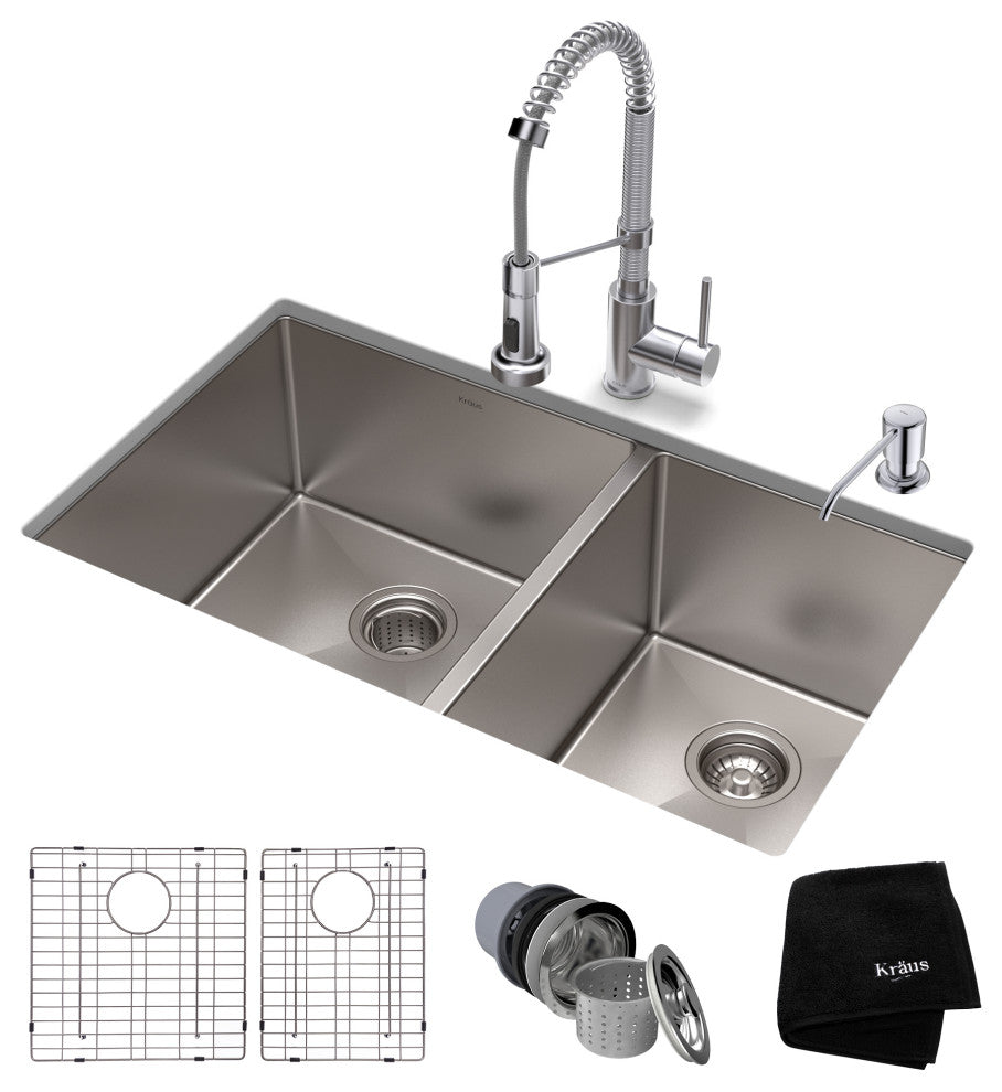 33" Undermount Stainless Steel Kitchen Sink, Pull-Down Faucet CH, Dispenser