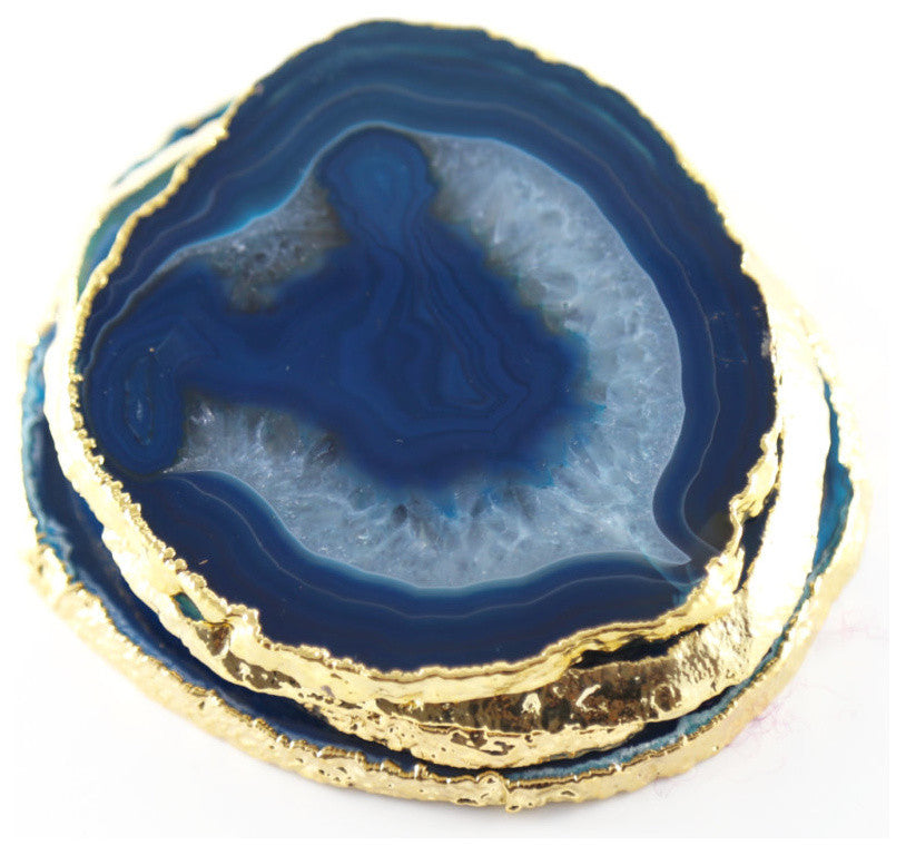 Teal Blue Agate Coasters (Set of 4), Gold