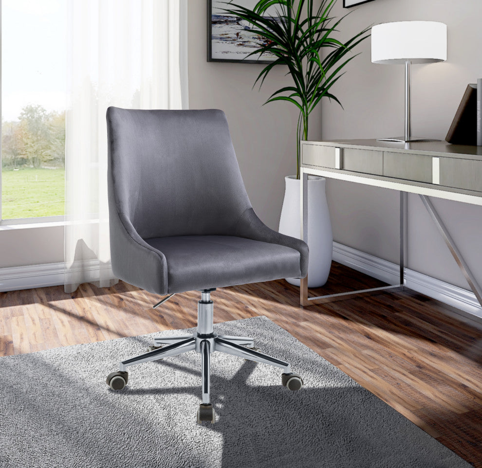 Karina Swivel and Adjustable Velvet Upholstered Office Chair, Grey, Chrome Base
