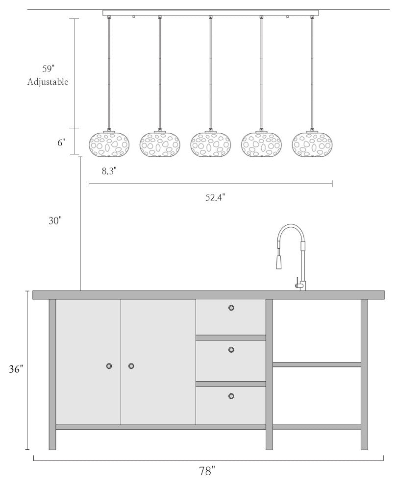 LNC Chrysaorican 5-Light 52.4" Modern Iridescent Globe Glass Island Light, Brass