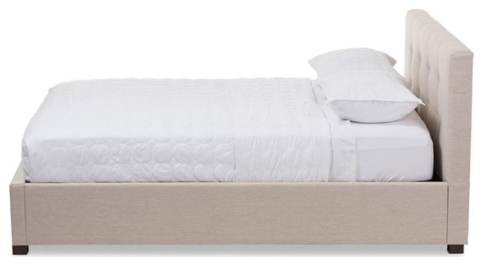 Brandy Light Beige Fabric Upholstered Queen Size Storage Platform Bed