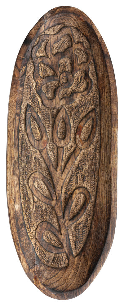 Boho Decorative Wood Tray with Carved Floral Design, Natural
