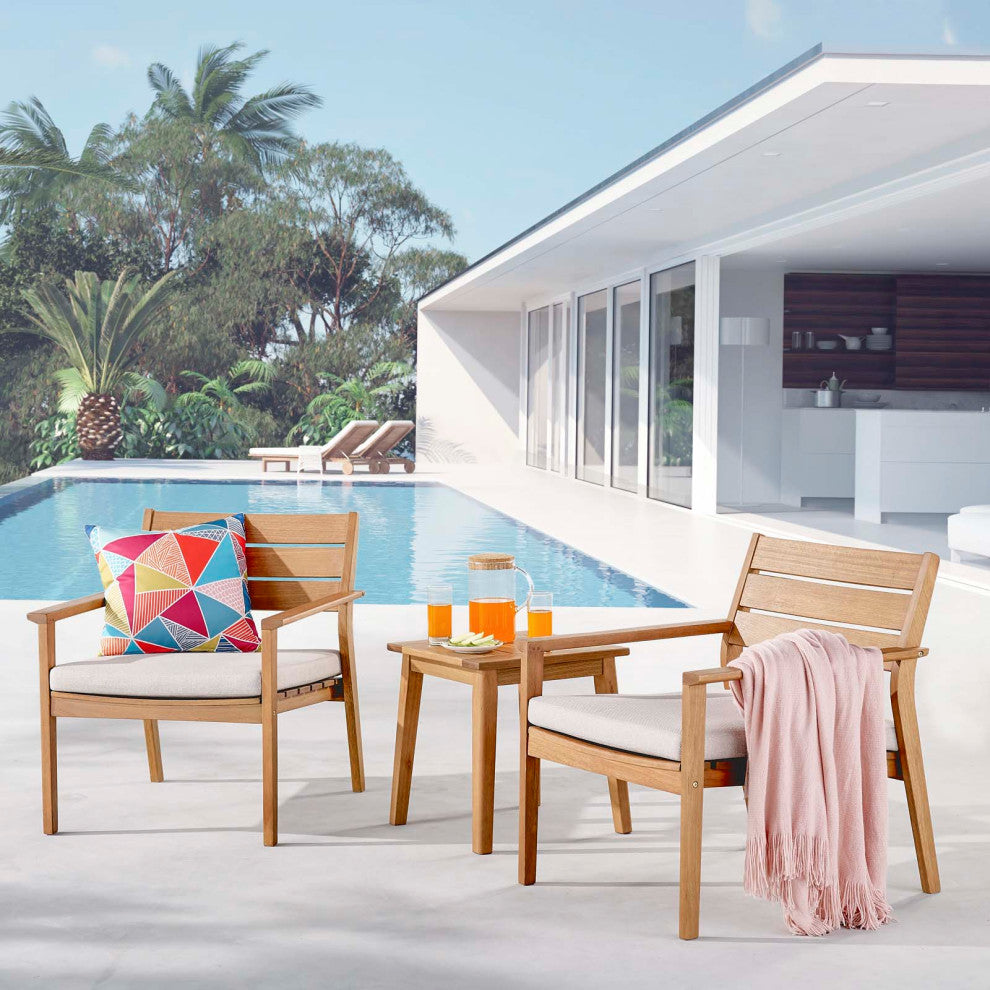 Lounge Chair and Table Set, Wood, Brown Natural Taupe Gray, Modern, Outdoor