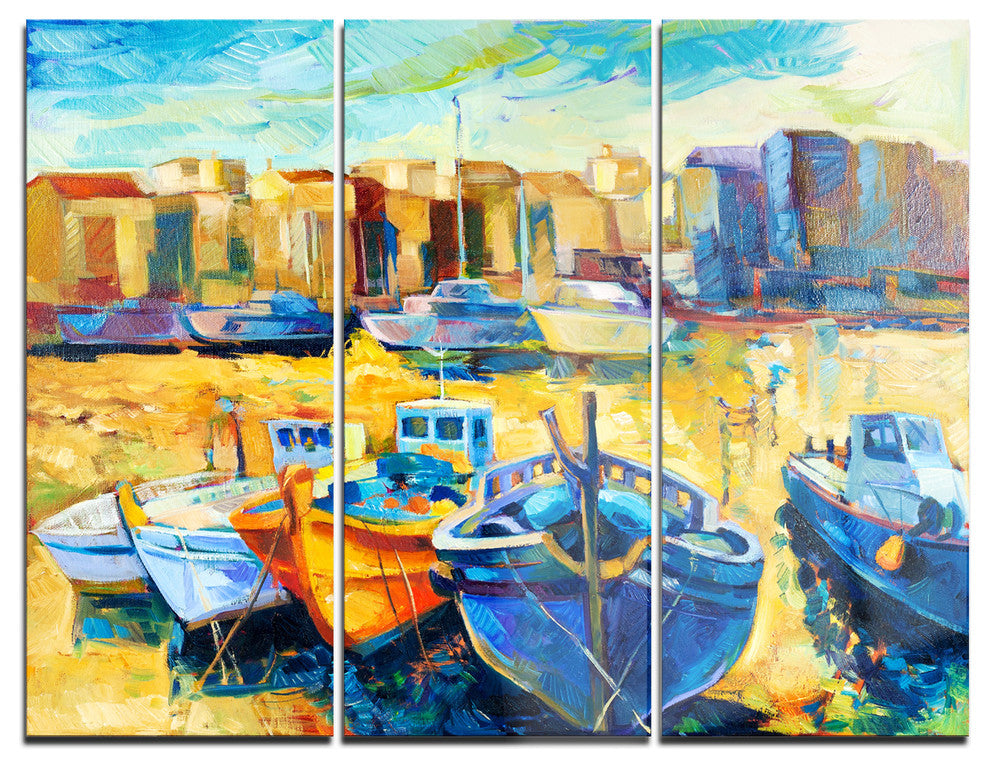 "Wharf and Boats" Painting Metal Wall Art, 3 Panels, 36"x28"