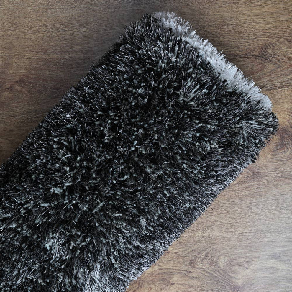 HAND TUFTED SHAG POLYESTER ECO-FRIENDLY AREA RUGS, Black Silver Color, Geometric
