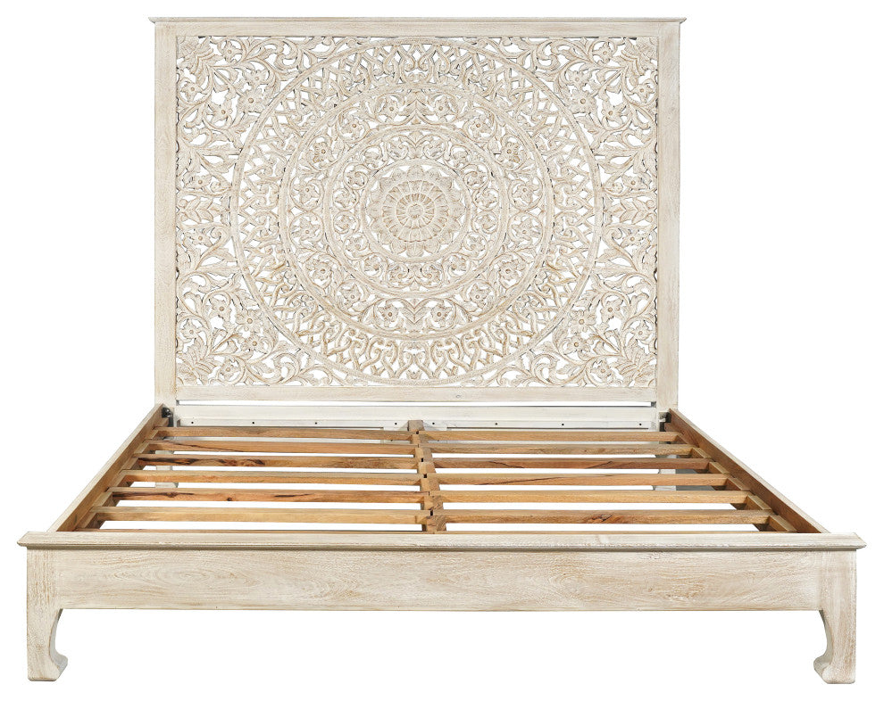 Milano Floral Carved Solid Wood Queen Panel Bed, White, King