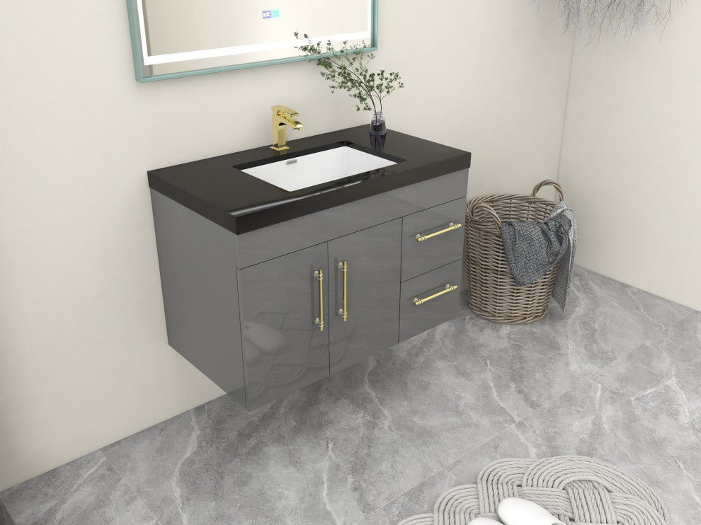 Rosa 36" Wall Mounted Modern Vanity, High Gloss Gray, Matt Black Top