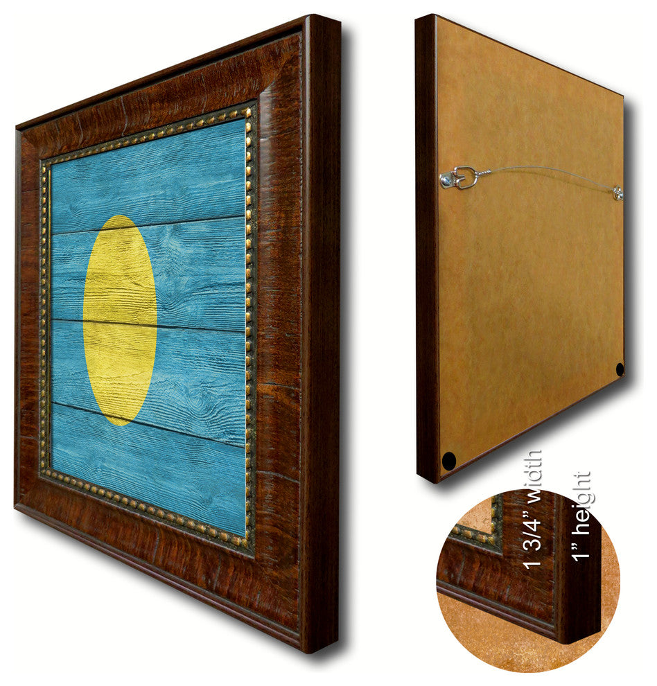 Palau Country Textured Flag Print With Brown Gold Frame, 19"X27"