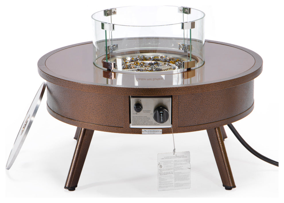 Leisuremod Walbrooke Patio Round Fire Pit Table With Aluminum Frame, Brown
