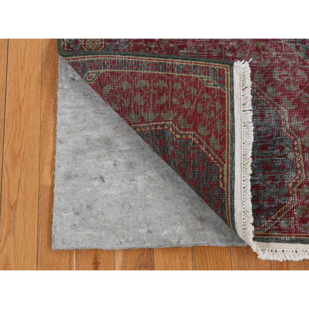Green, Vintage Look Mamluk, Worn Wool Hand Knotted Runner Rug, 2'6"x9'10"