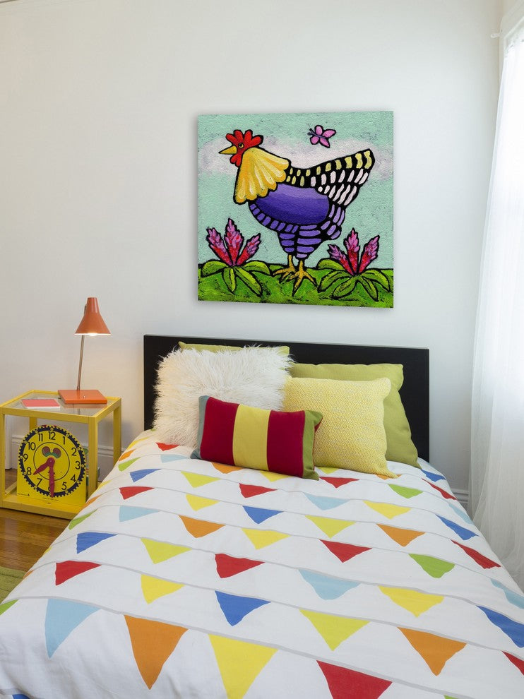 "Hen with Rooster Tails" by Janet Nelson Print Wrapped Canvas, 32x32