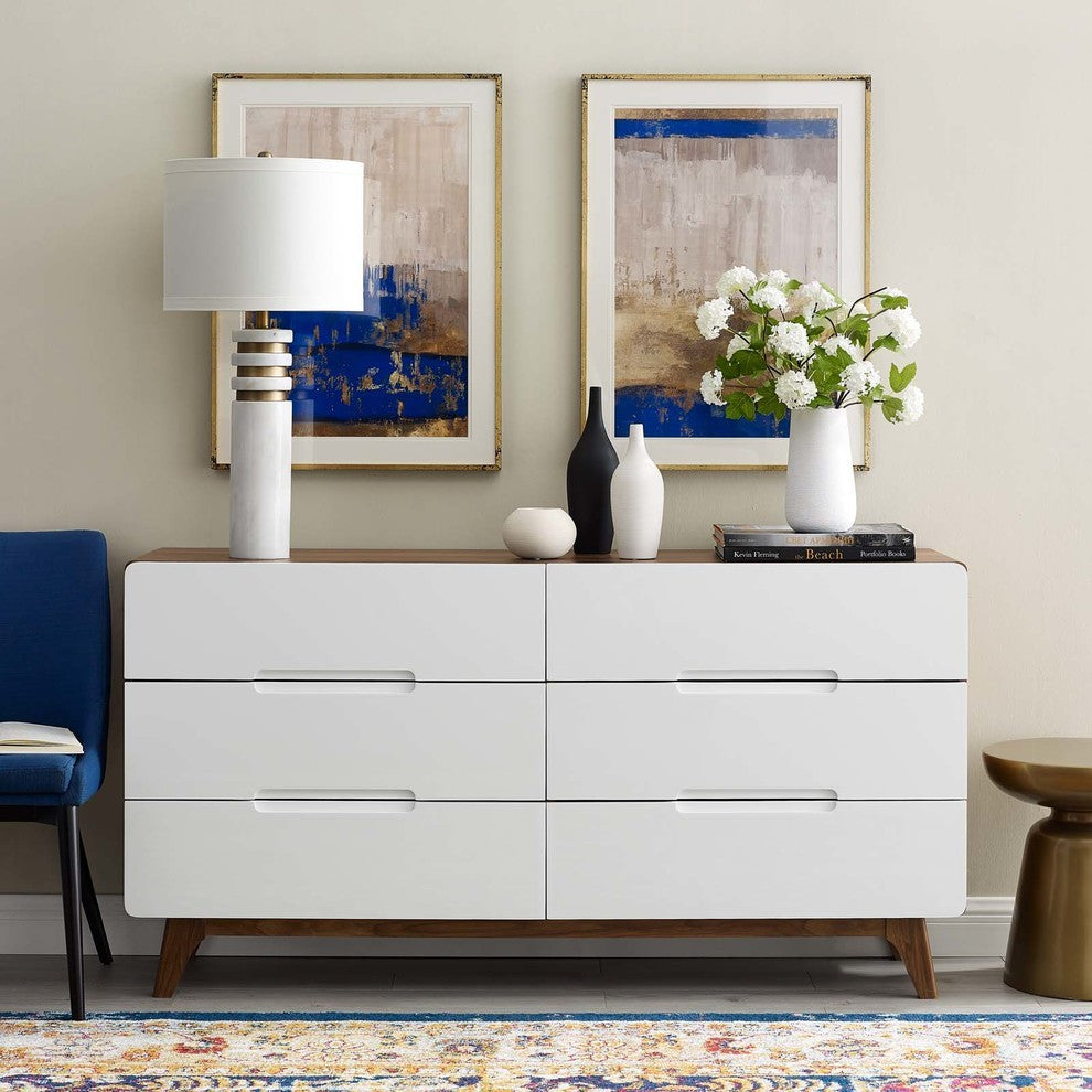 Origin Six-Drawer Wood Dresser or Display Stand, Walnut White