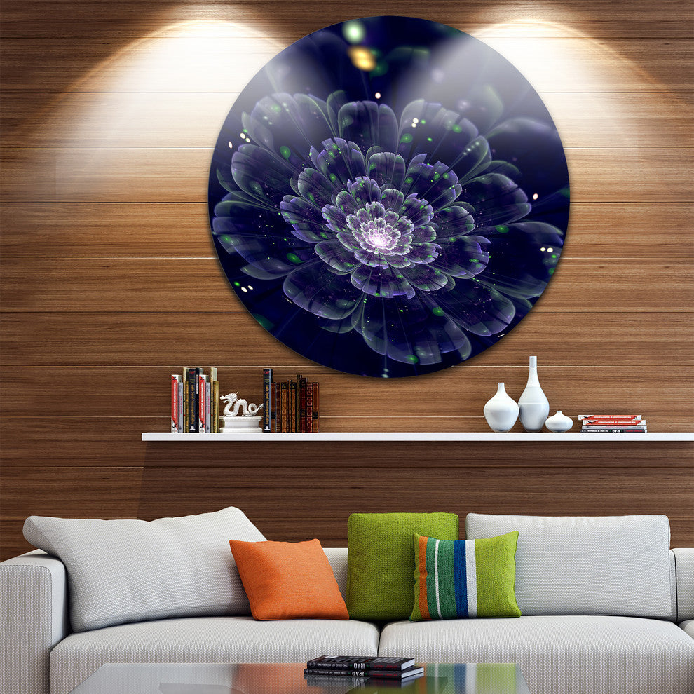 Dark Blue Fractal Flower Digital Art, Floral Disc Metal Artwork, 23"