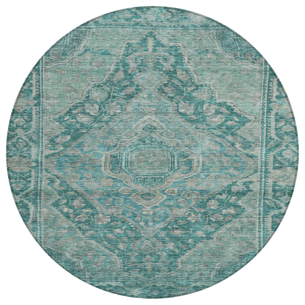 Machine Washable Indoor/Outdoor Chantille ACN1761 Teal 8' x 8' Round Rug