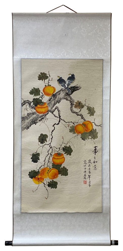 Chinese Color Ink Birds Persimmon Flower on Tree Scroll Painting Wall Art ws2010