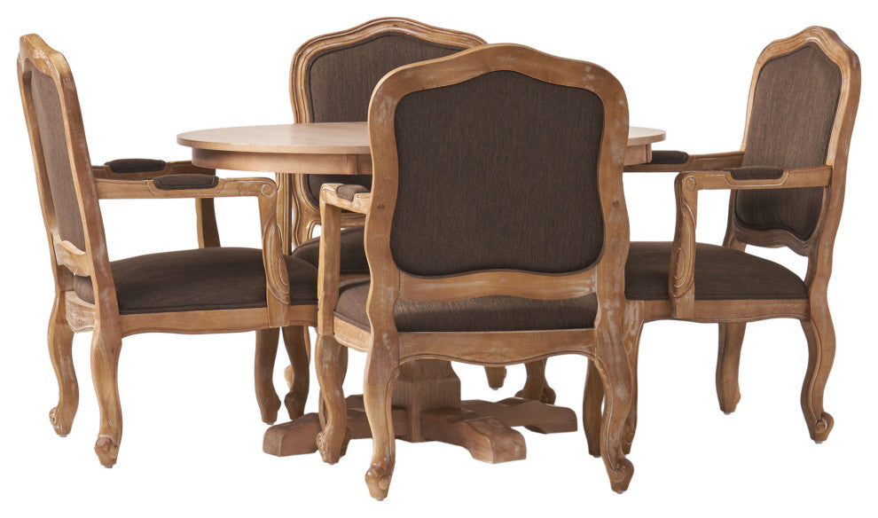 Absaroka French Country Fabric Upholstered Wood 5-Piece Dining Set, Natural/Brown