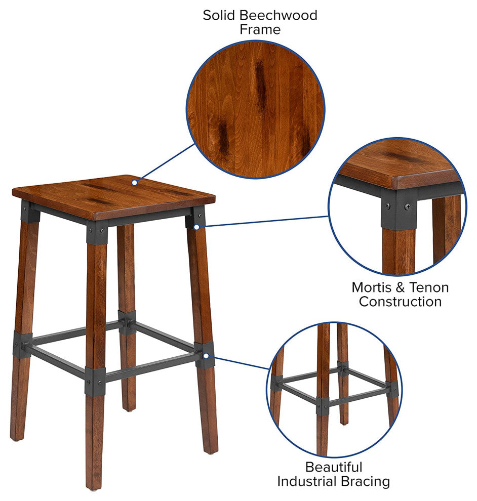 Set of 4 Industrial Bar Stool, Backless Design With Wooden Seat, Antique Walnut