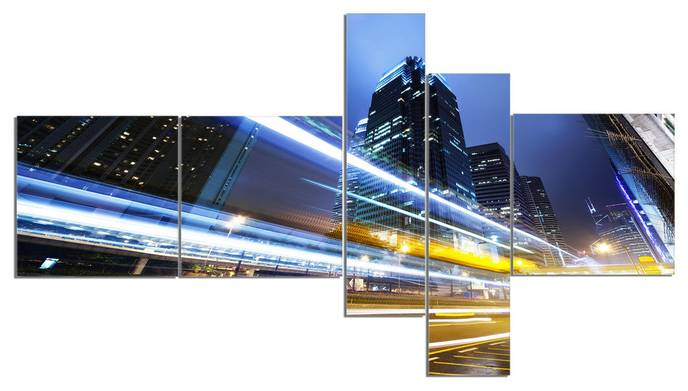Traffic In Hong Kong at Night, Cityscape Canvas Art Print, 60"x32", 5 panels