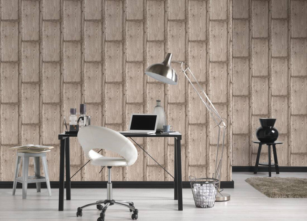 Loft Textured Wallpaper Featuring Rustic Wood, Beige Gray Brown, One Roll