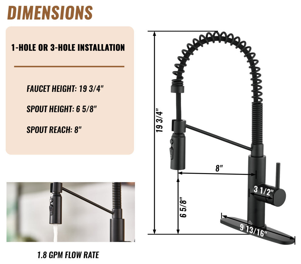 Kitchen Sink Faucet 1.8 GPM with Pull Down and 3 Models Sprayer Single Handle, Matte Black