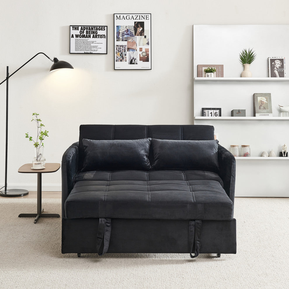 TATEUS 55.5" Twins Pull Out Sofa Bed Velvet  for Small Room Black