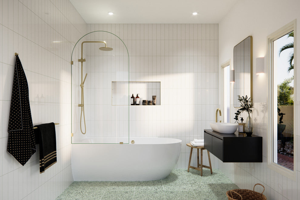 Bathtub Single Fixed Panels, Satin Brass, 34"wx66.75"h