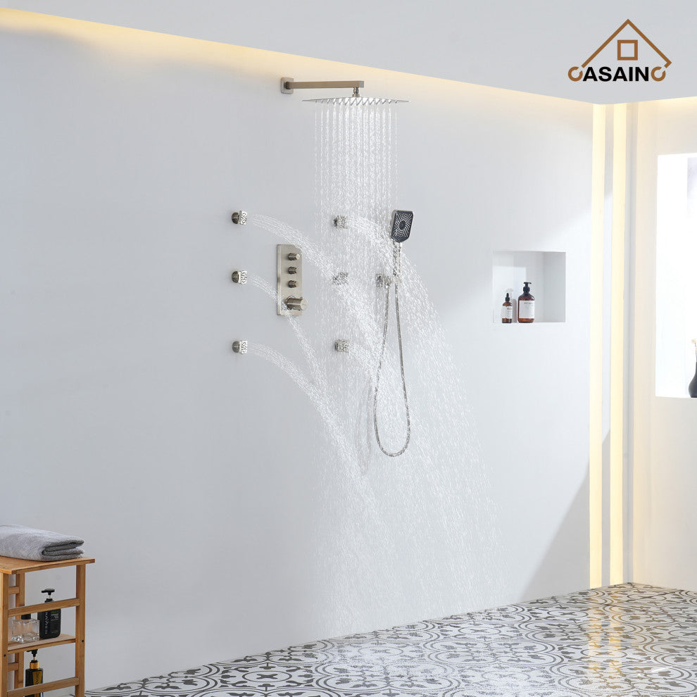 3 Functions 12 Inch Wall Mount Thermostatic Shower System, Brushed Nickel