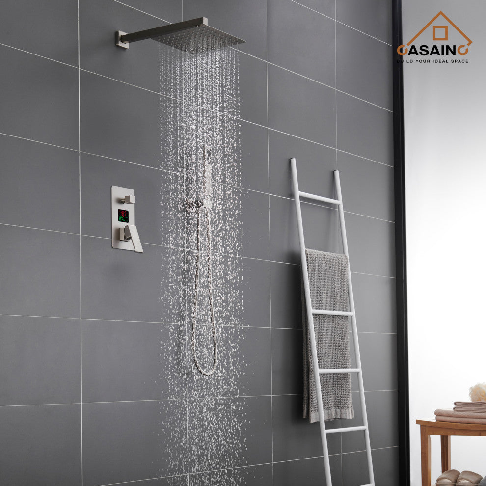 CASAINC 10" Wall Mounted Luxury Shower System Set with Digital Temp Display, Brushed Nickel