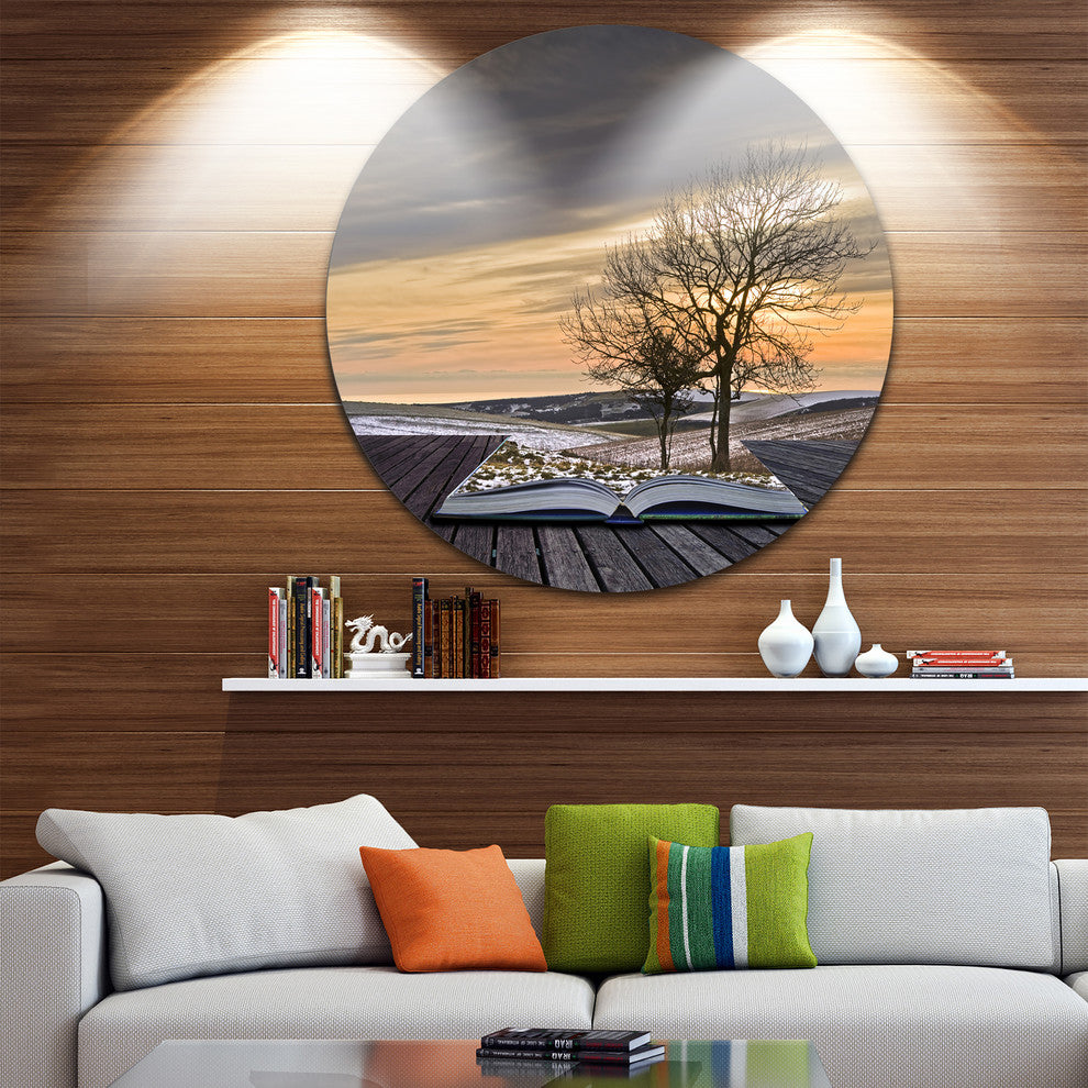 Winter Coming Out Of Pages, Contemporary Art Round Metal Wall Art, 11"