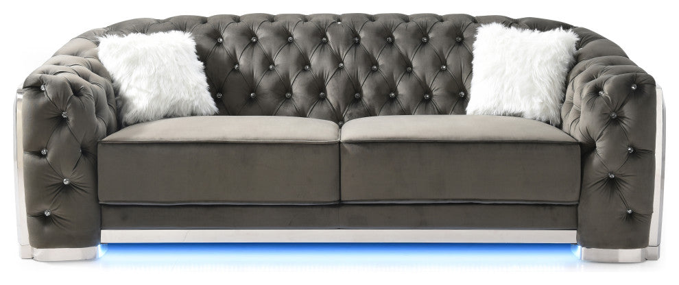 Sapphire Black Tufted Velvet Sofa With LED Lights, Gray