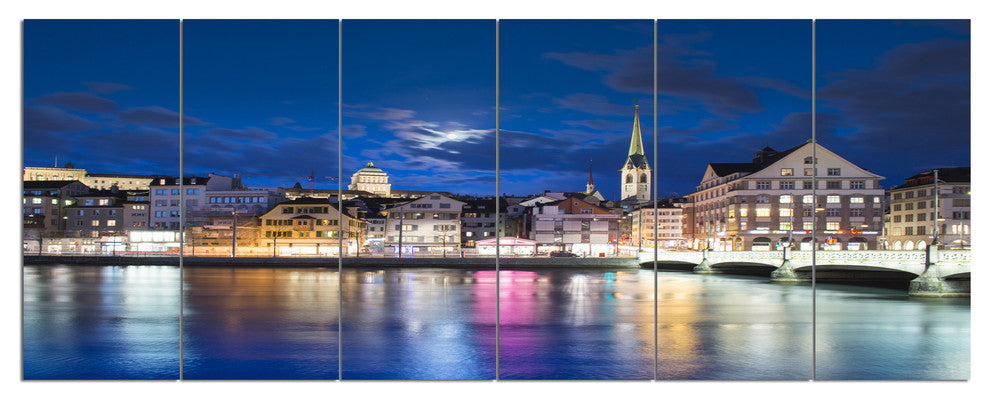 Scenic Panorama of Old Town, Landscape Canvas Art Print, 70"x28", 6 Panels
